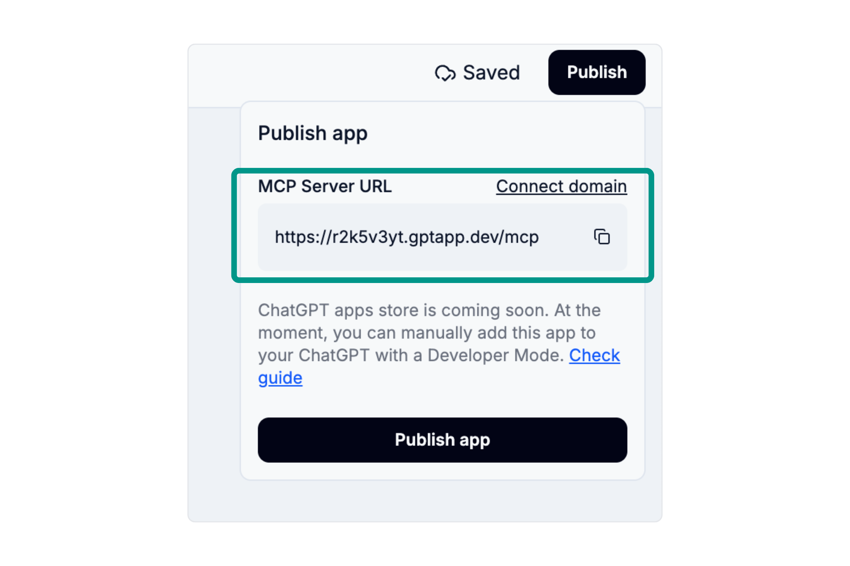 Publish button and MCP server URL